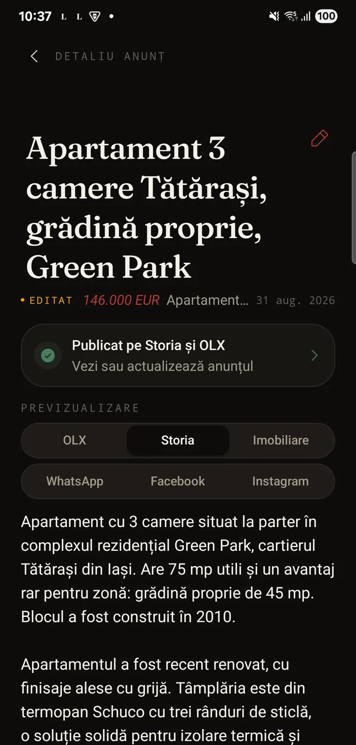 Descrierea generată, cu variantă pentru OLX, Storia și Imobiliare.ro