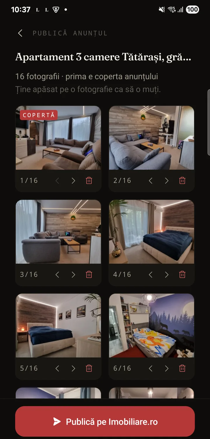 Ecranul de publicare, cu cele 16 fotografii ale anunțului